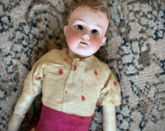 Antique German doll porcelain head leather body old polka dot dress creepy decayed doll 20 inch long