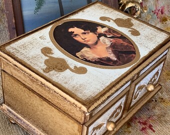Vintage Music Jewelry Box Japan Fancy Gold Wood Hinged Case
