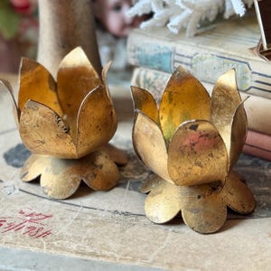Vintage pair gold toleware candle holder small metal flower candle holders