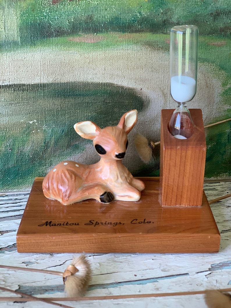 Vintage mini baby deer timer miniature souvenir fawn hourglass figurine 2.5 x 4 inch
