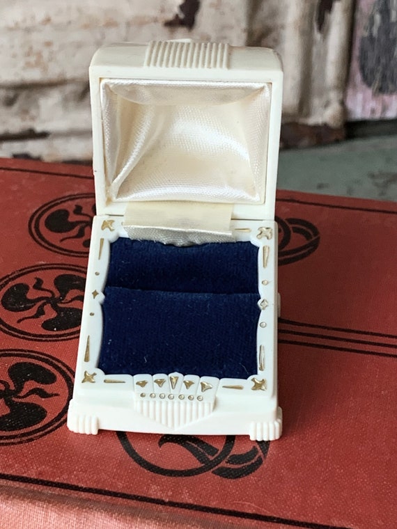 Vintage ring box blue velvet lining old art deco … - image 2