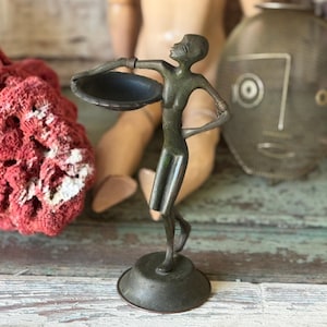 Vintage metal figural woman statue lady holding dish tray 10.5 inch tall