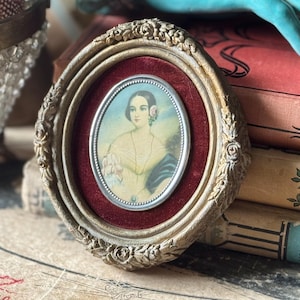 Vintage framed print miniature lady girl portrait wall picture