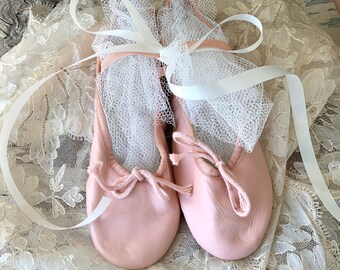 Vintage shabby pair pink leather ballet slippers ballerina shoes dance romantic decor display prop