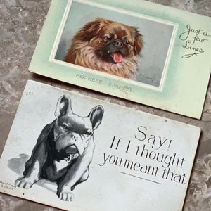 Antique pair dog postcards bulldog and pekinese spaniel used paper print cards 3.5 x 5.5 inch