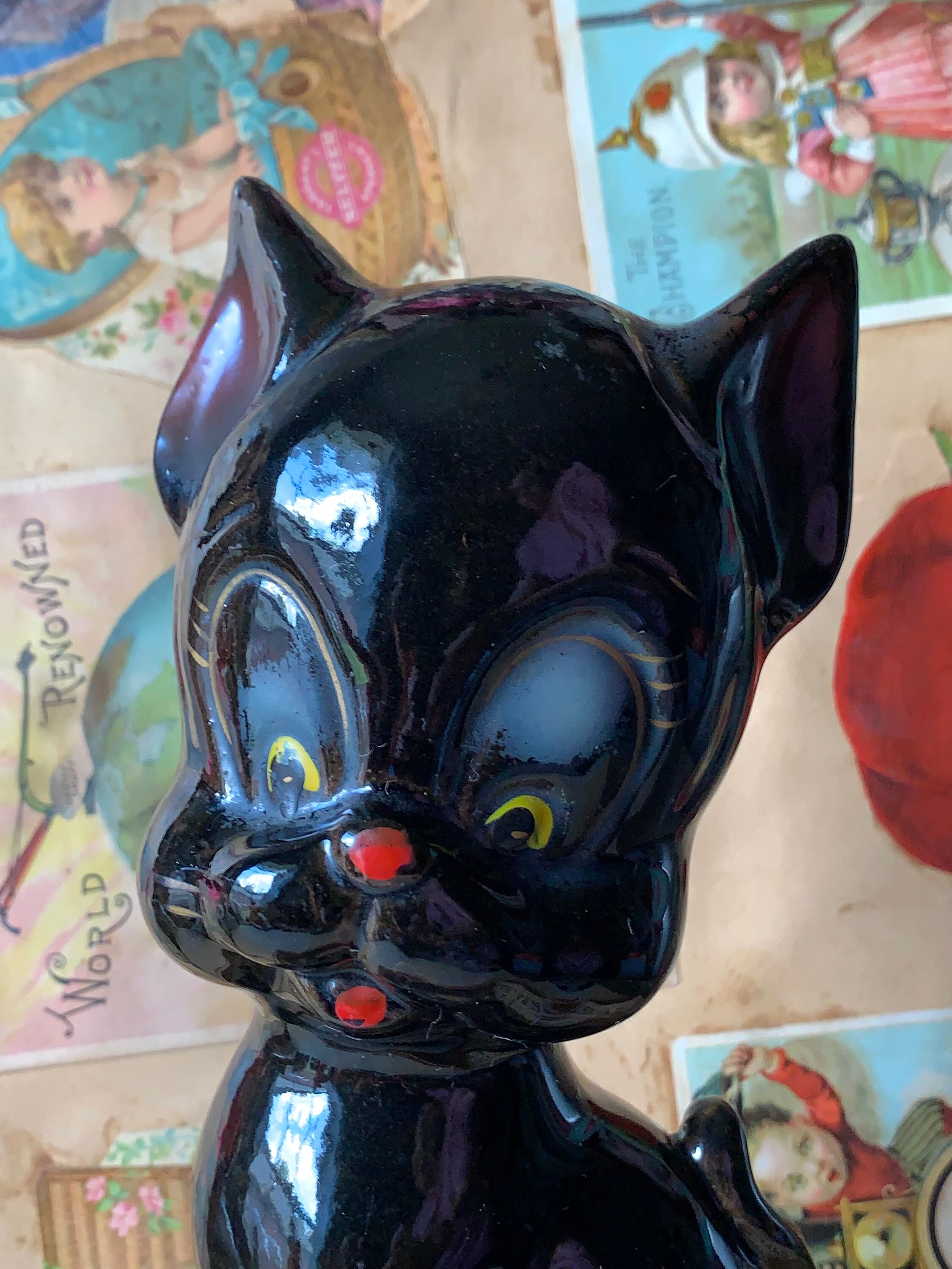 チーター？Deco Figurine Black Cat 90 Vintage Black Cat Figurine Retro Japan Painted Pottery Big