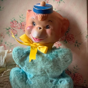 Vintage rubber face monkey bellhop chimp stuffed plush small shabby toy animal 8.5 inch
