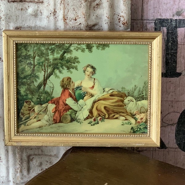 Vintage miniature framed celluloid print Shepherdess mini gold frame wall picture 4.75 x 6.5 inch