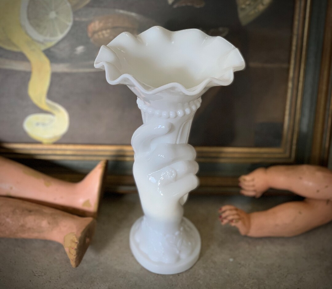 Vintage Milk Glass Hand Vase Ladies Hand Holding Ruffled Cup Etsy