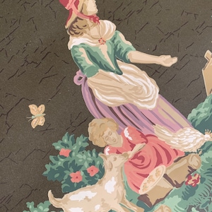 May include: A vintage wallpaper design featuring a woman in a pink and red hat and a green dress, a child in a pink dress, and a white goat. The wallpaper is on a dark green background with a floral pattern.