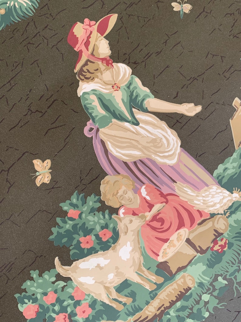 May include: A vintage wallpaper design featuring a woman in a pink and red hat and a green dress, a child in a pink dress, and a white goat. The wallpaper is on a dark green background with a floral pattern.