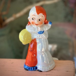 Vintage pierrot figurine small retro Japan porcelain painted jester boy figure 5 inch tall