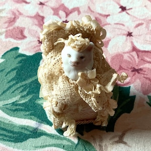Vintage tiny bisque cat head figurine silk and lace miniature 1.75 inch tall