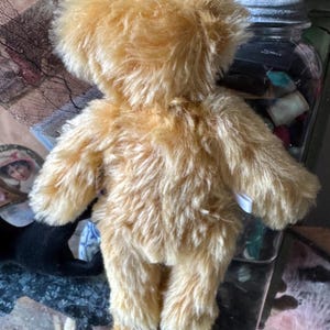 May include: A golden-colored teddy bear with a fluffy, textured appearance. The bear is viewed from the back, showcasing its arms, legs, and body. The fur is a warm, light brown color. The bear is a classic toy.