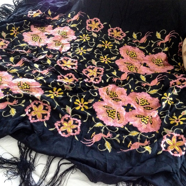Vintage black embroidered piano scarf pink peach flowers birds antique silk satin floral shawl with fringe