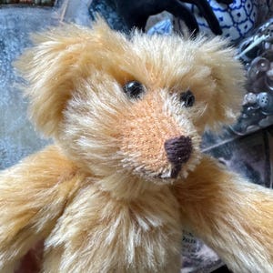 May include: Close-up of a handmade teddy bear with light brown fur. The bear has a knitted muzzle and a dark brown nose. Its eyes are black and shiny. The bear's fur is soft and fluffy, giving it a cuddly appearance.