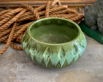 Vintage mid century Jenkins pottery planter retro modern green drip glaze flower pot 9.75 inch wide