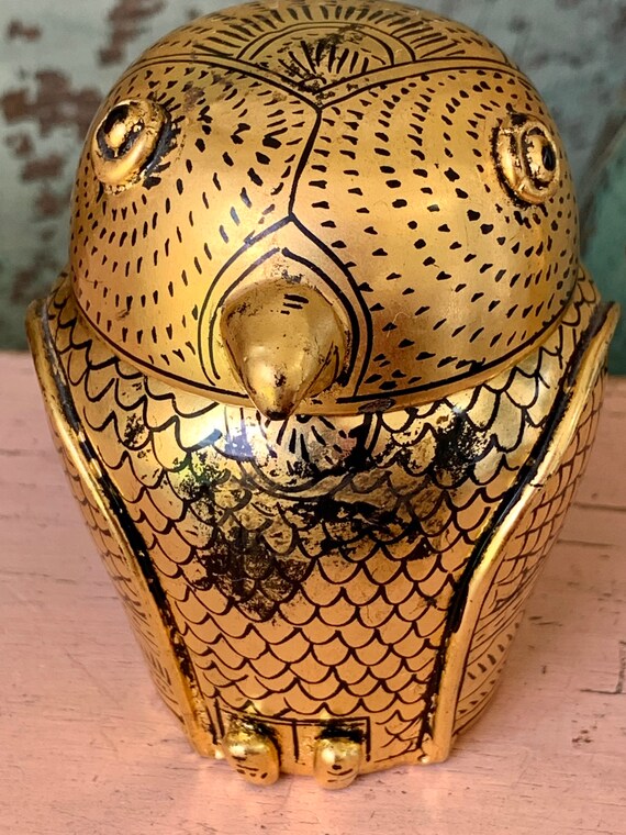 Vintage Owl Box Retro Gold Lacquer Bird Miniature Lidded Jar
