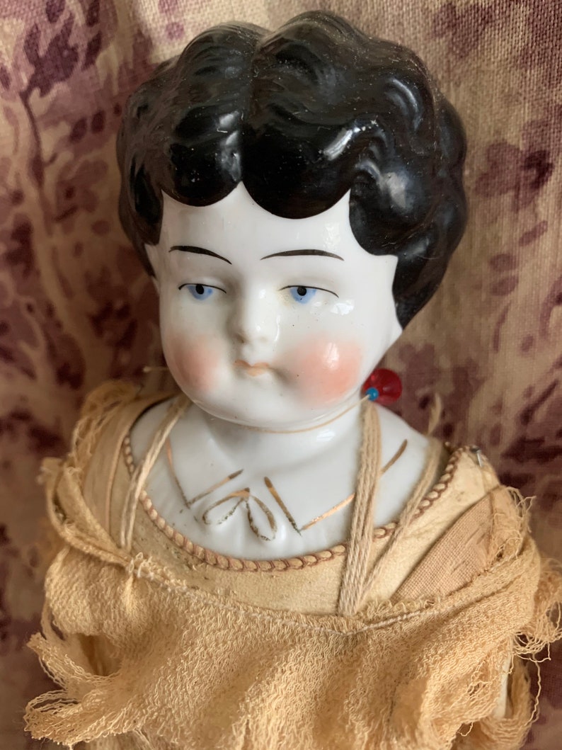 Antique German china doll small old shabby porcelain head doll 13.5 inch image 5