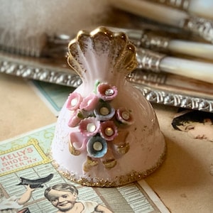 Vintage miniature pink bell Lefton floral porcelain fancy figurine 2.5 inch tall