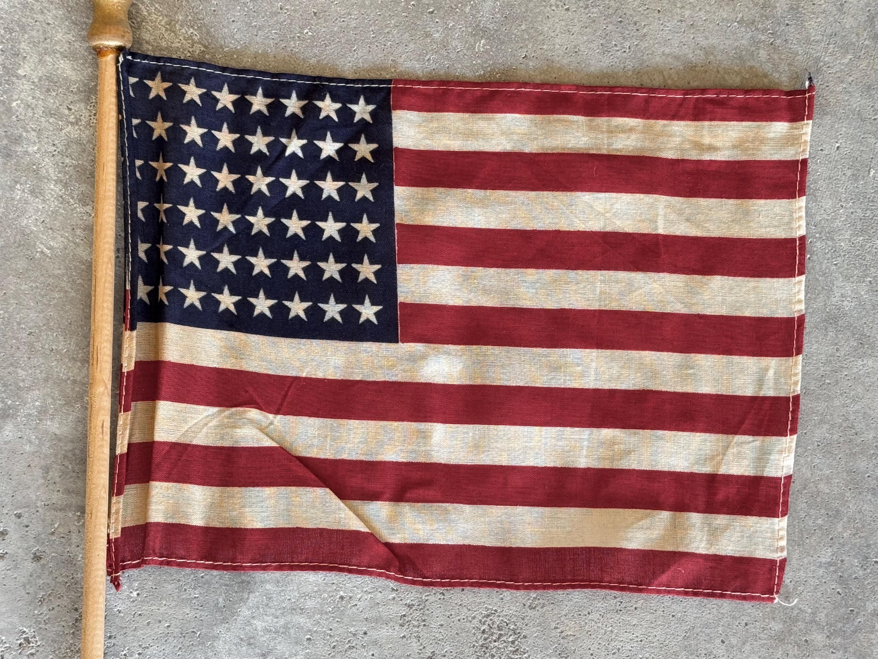 Vintage 48 Star American Flag on Wood Stick - Miniature Parade