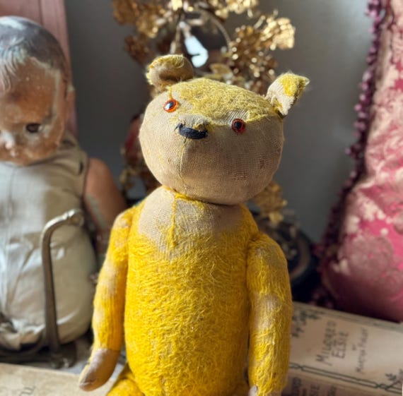 Antique teddy bear gold mohair straw stuffed bear