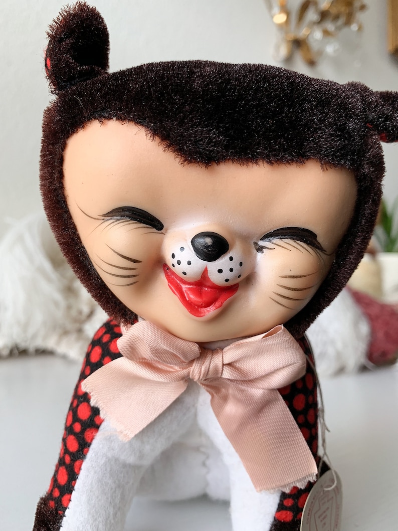 Vintage mini stuffed kitten small rubber face cat retro Japan polka dots and velvet sleepy smiling miniature cat plush