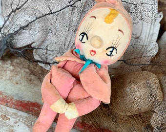 Vintage pink knee hugger elf doll mid century Japan shelf sitter pixie doll