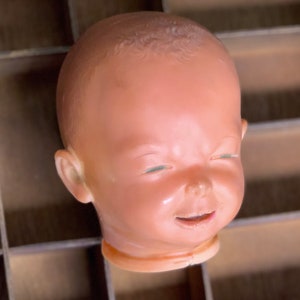 Vintage creepy baby doll head small scary rubber doll display prop decoration 4.75 inch tall