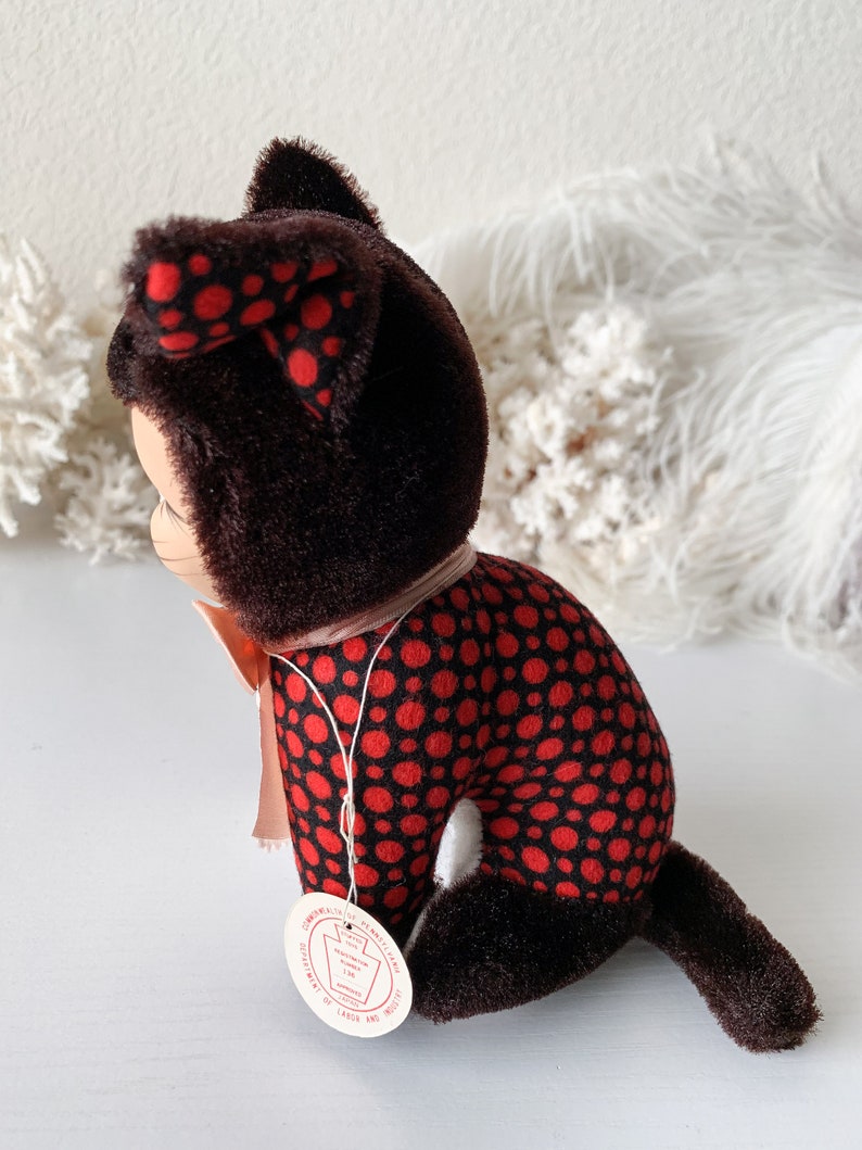 Vintage mini stuffed kitten small rubber face cat retro Japan polka dots and velvet sleepy smiling miniature cat plush