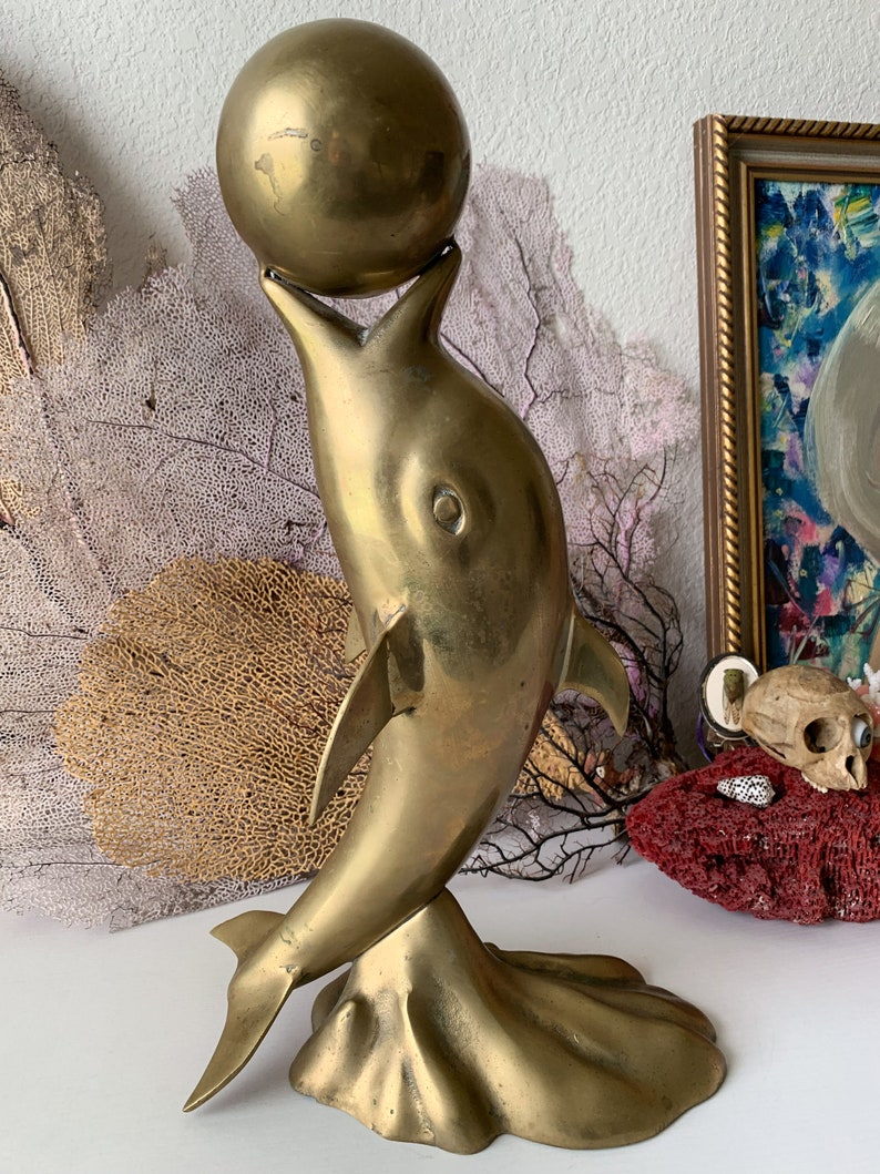 Vintage large brass dolphin statue modern dolphin with ball in mouth fun beach cottage decor big fish sphere sculpture 16.5 inch