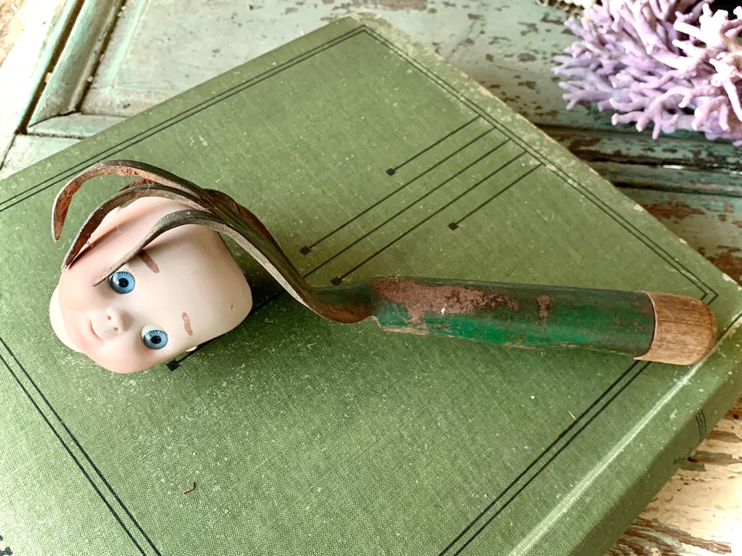 Vintage Old Metal Claw Hand Rake With Doll Head Green Garden Tool ...