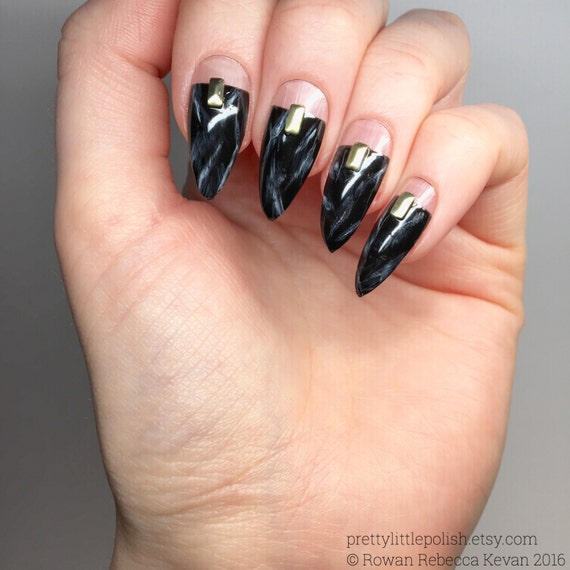 nails uk acrylic diy Black marble sets  nail Black cut out  Etsy nails stiletto Luxury