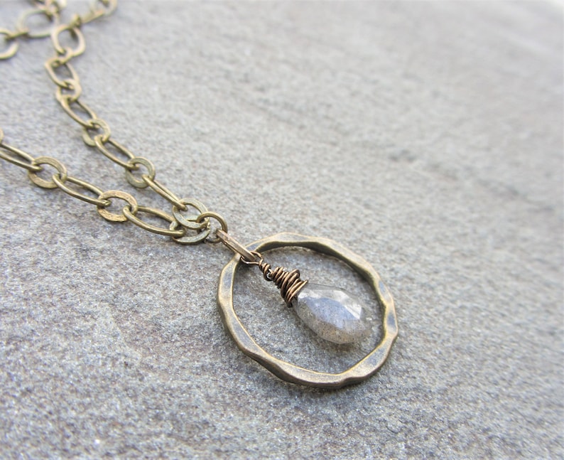 Labradorite Bronze Hammered Circle Choker Necklace Eternity Handmade in California Blue Gray Gemstone Boho Wire-Wrapped Pendant