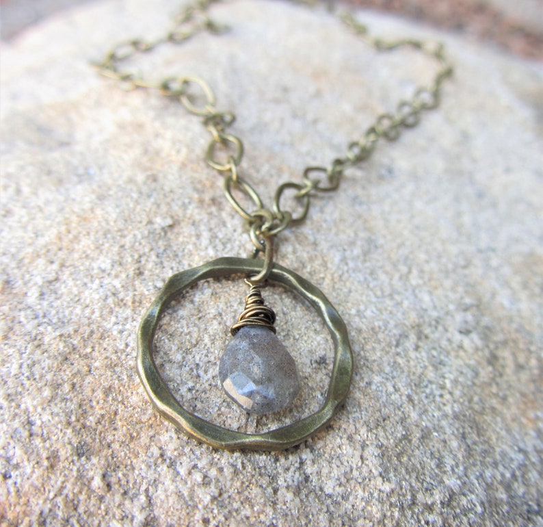 Labradorite Bronze Hammered Circle Choker Necklace Eternity Handmade in California Blue Gray Gemstone Boho Wire-Wrapped Pendant