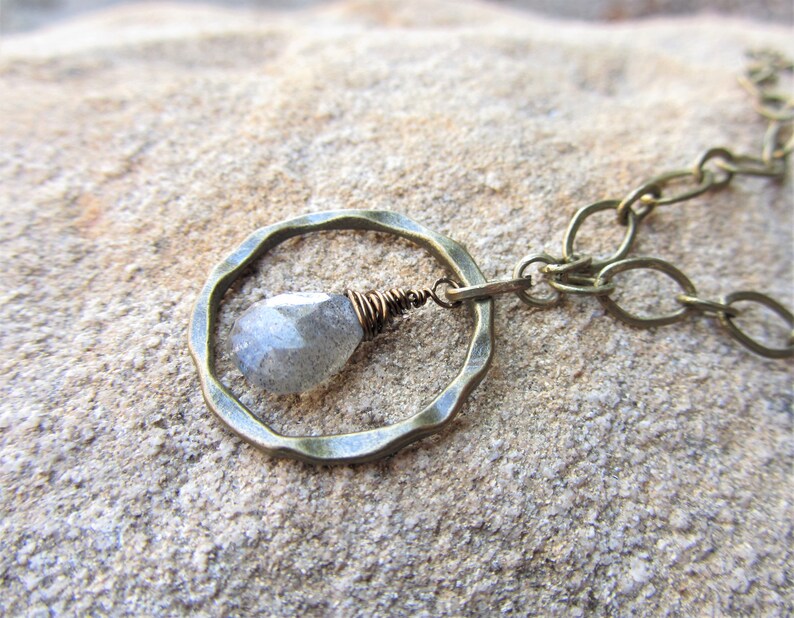 Labradorite Bronze Hammered Circle Choker Necklace Eternity Handmade in California Blue Gray Gemstone Boho Wire-Wrapped Pendant