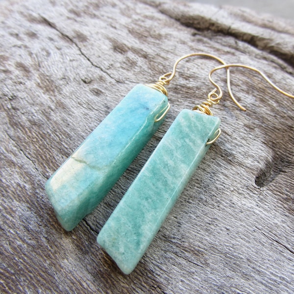 Amazonite Bar Earrings, Rustic Aqua Gemstone, Boho Beach, Minimalist Natural Stone, Soothing Stone, Raw Brass, California Made