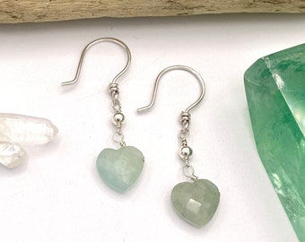 Faceted Aquamarine Heart Earrings | Sterling Silver Dangle Heart Earrings | Aquamarine Heart Drop Earrings | Gemstone Heart Jewelry