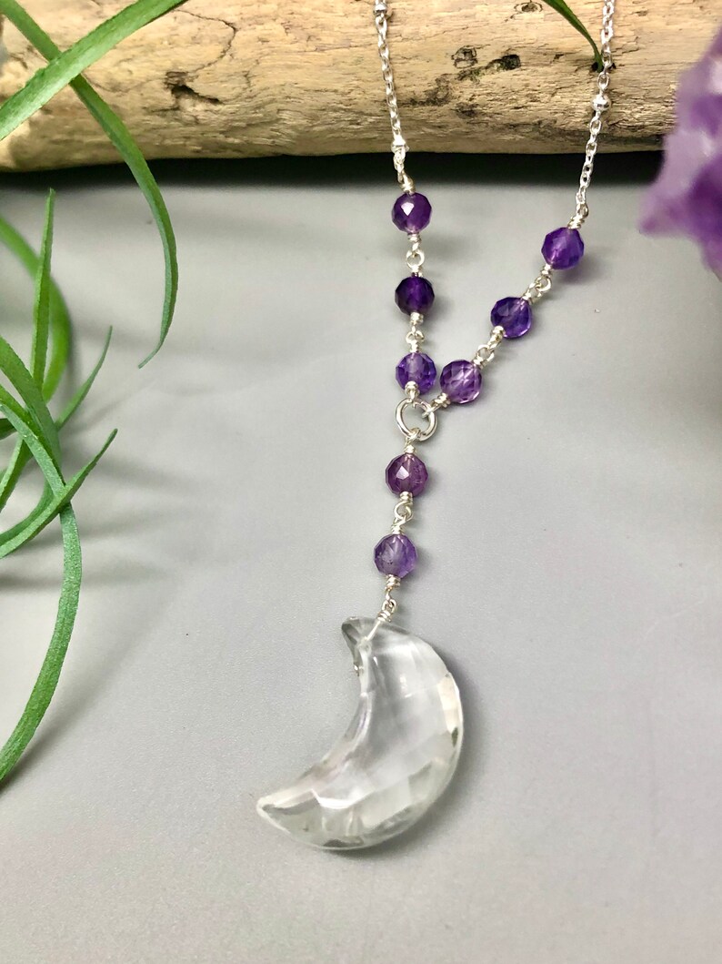 Quartz Moon Necklace I Amethyst Quartz Lariat Necklace I Handmade Gemstone Necklace I Wire Wrapped Necklace I February Birthstone