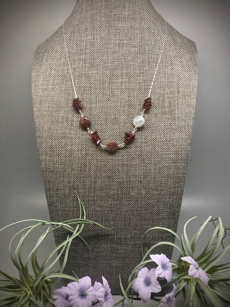 Garnet And Jasper Necklace on Sterling Silver Garnet Chip January Birthstone Necklace with Faceted Jasper