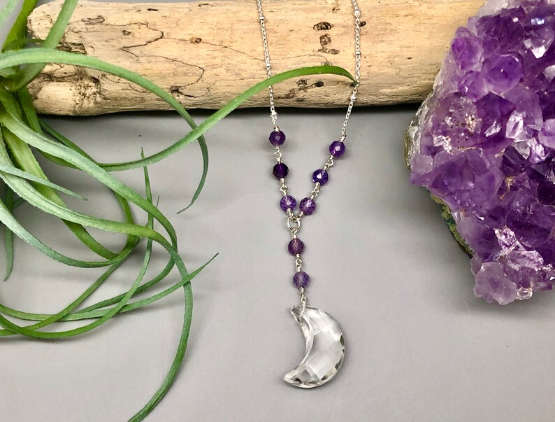 Quartz Moon Necklace I Amethyst Quartz Lariat Necklace I Handmade Gemstone Necklace I Wire Wrapped Necklace I February Birthstone