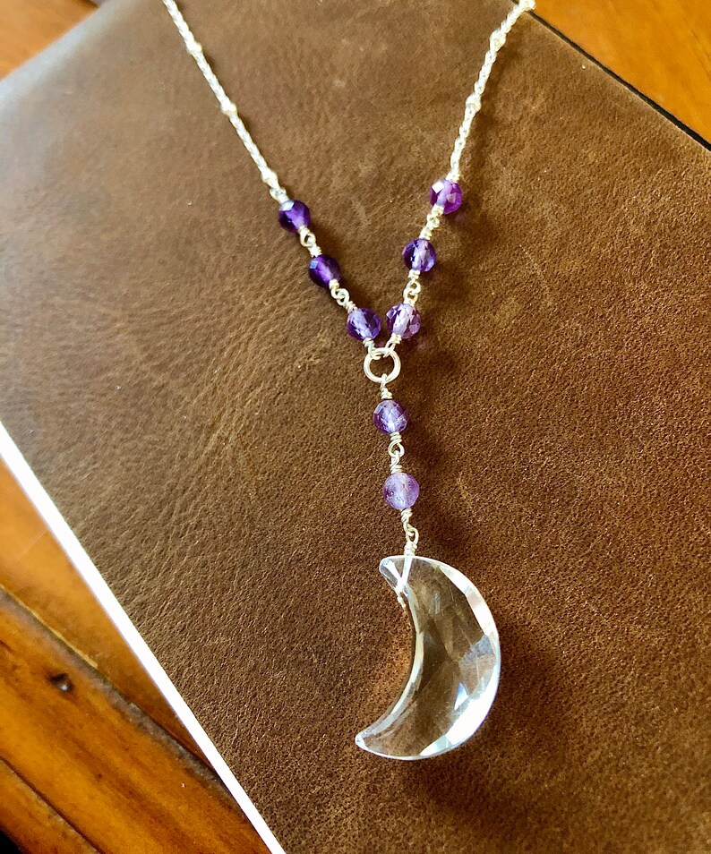 Quartz Moon Necklace I Amethyst Quartz Lariat Necklace I Handmade Gemstone Necklace I Wire Wrapped Necklace I February Birthstone