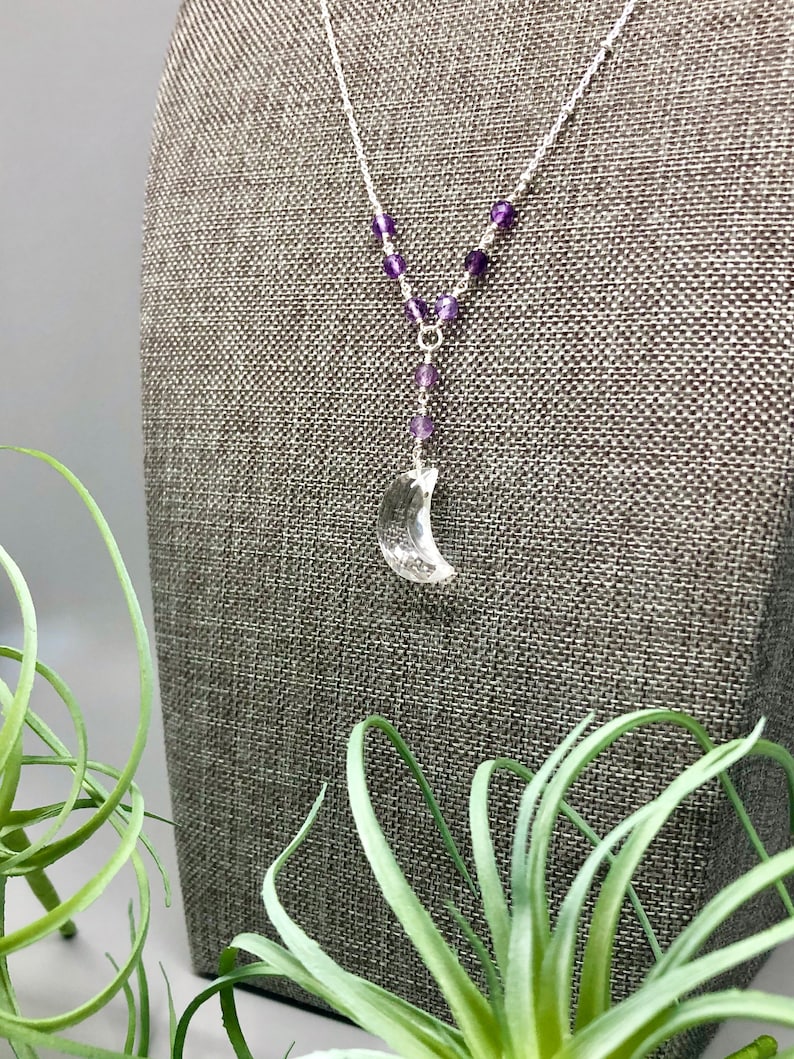 Quartz Moon Necklace I Amethyst Quartz Lariat Necklace I Handmade Gemstone Necklace I Wire Wrapped Necklace I February Birthstone