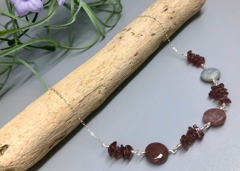 Garnet And Jasper Necklace on Sterling Silver Garnet Chip January Birthstone Necklace with Faceted Jasper