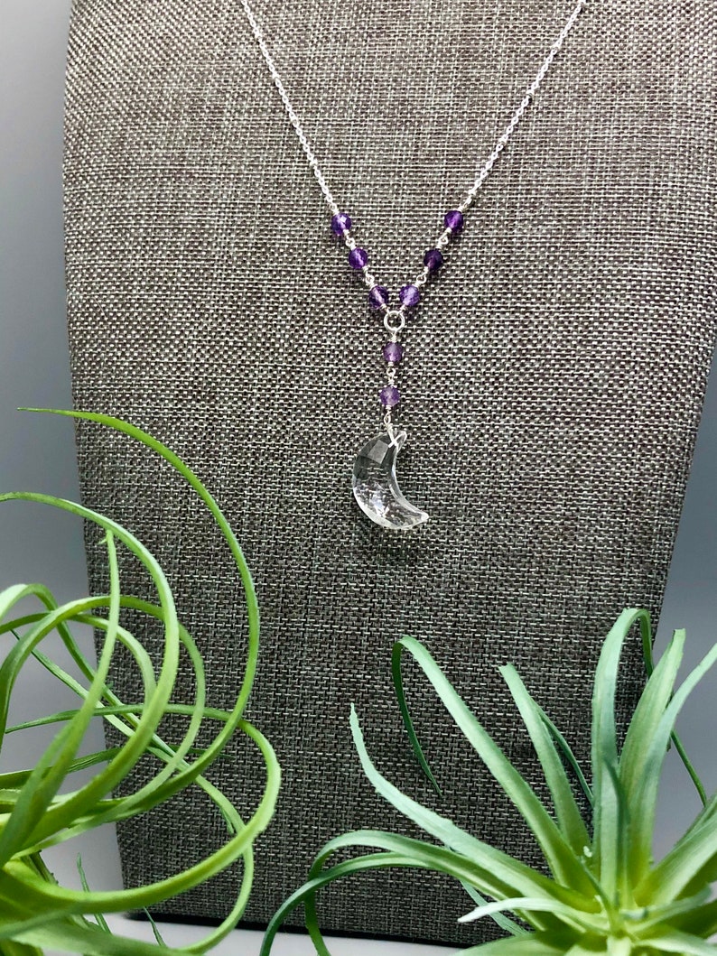 Quartz Moon Necklace I Amethyst Quartz Lariat Necklace I Handmade Gemstone Necklace I Wire Wrapped Necklace I February Birthstone