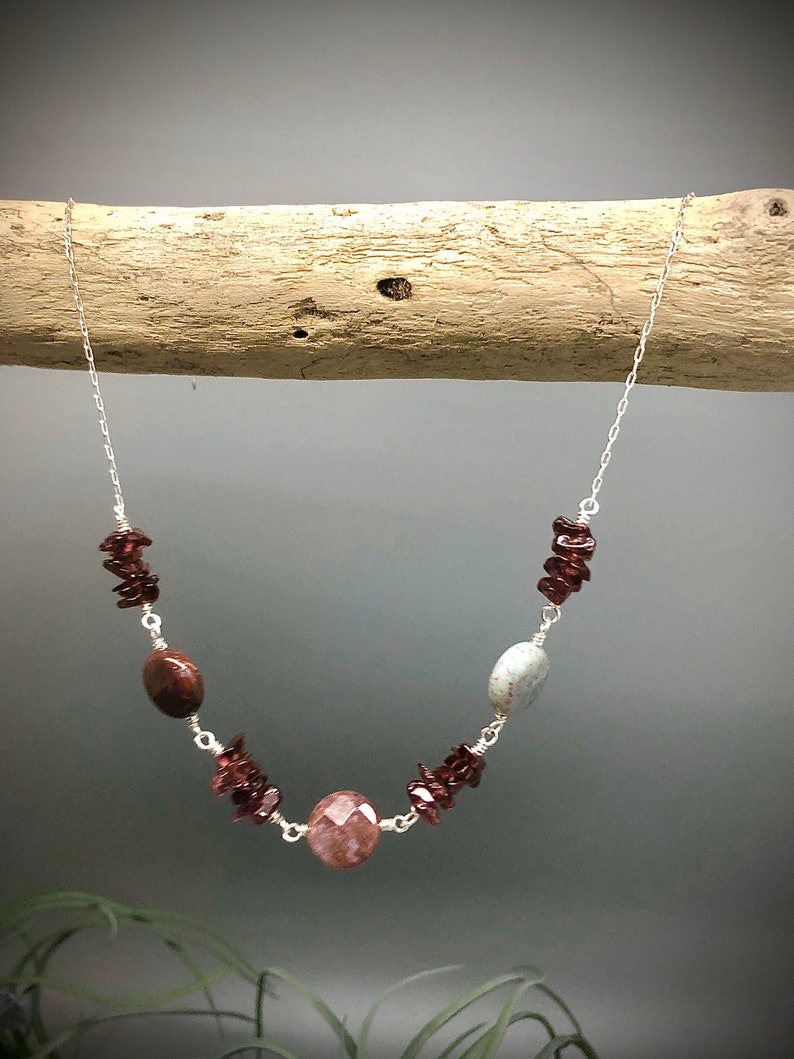 Garnet And Jasper Necklace on Sterling Silver Garnet Chip January Birthstone Necklace with Faceted Jasper