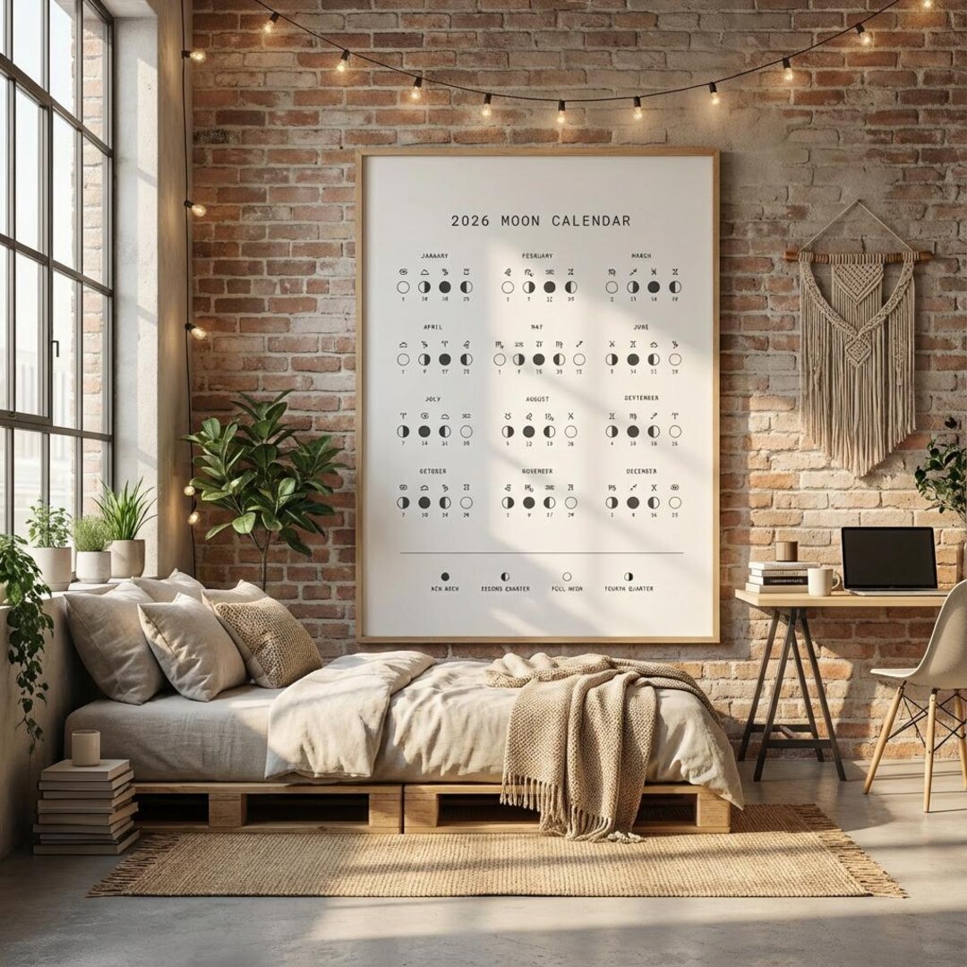 2026 Moon Wall Art Print | Printable Lunar Calendar | Moon Phase Decor ...