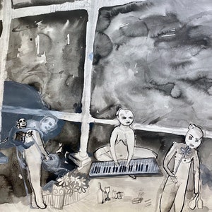 Ink Drawing of busker musican characters