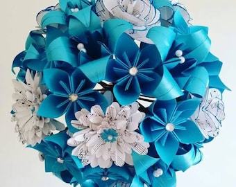 Paper Flowers Origami Bouquet Wedding Bridal Alternative Roses Gerbera Lily Kusudama Music Pages White Turquoise