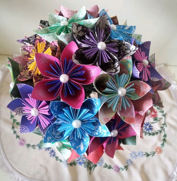 paper flower bouquet origami wedding paper anniversary bride bridesmaid accessories kusudama japanese paper theme japanese paper flower